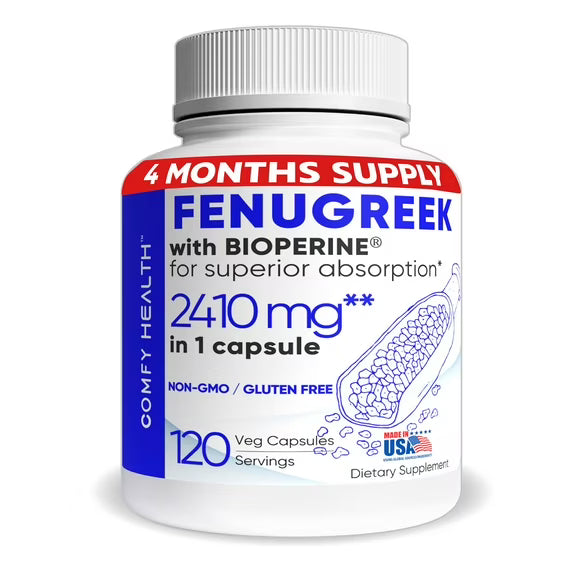 COMFY HEALTH Fenugreek Capsules, 2410mg Per Capsule, 120 Count, Fenugreek Pills With BioPerine® For Superior Absorption, Non-GMO, Gluten Free Fenugreek Seeds Extract Supplements, Fenogreco Capsulas